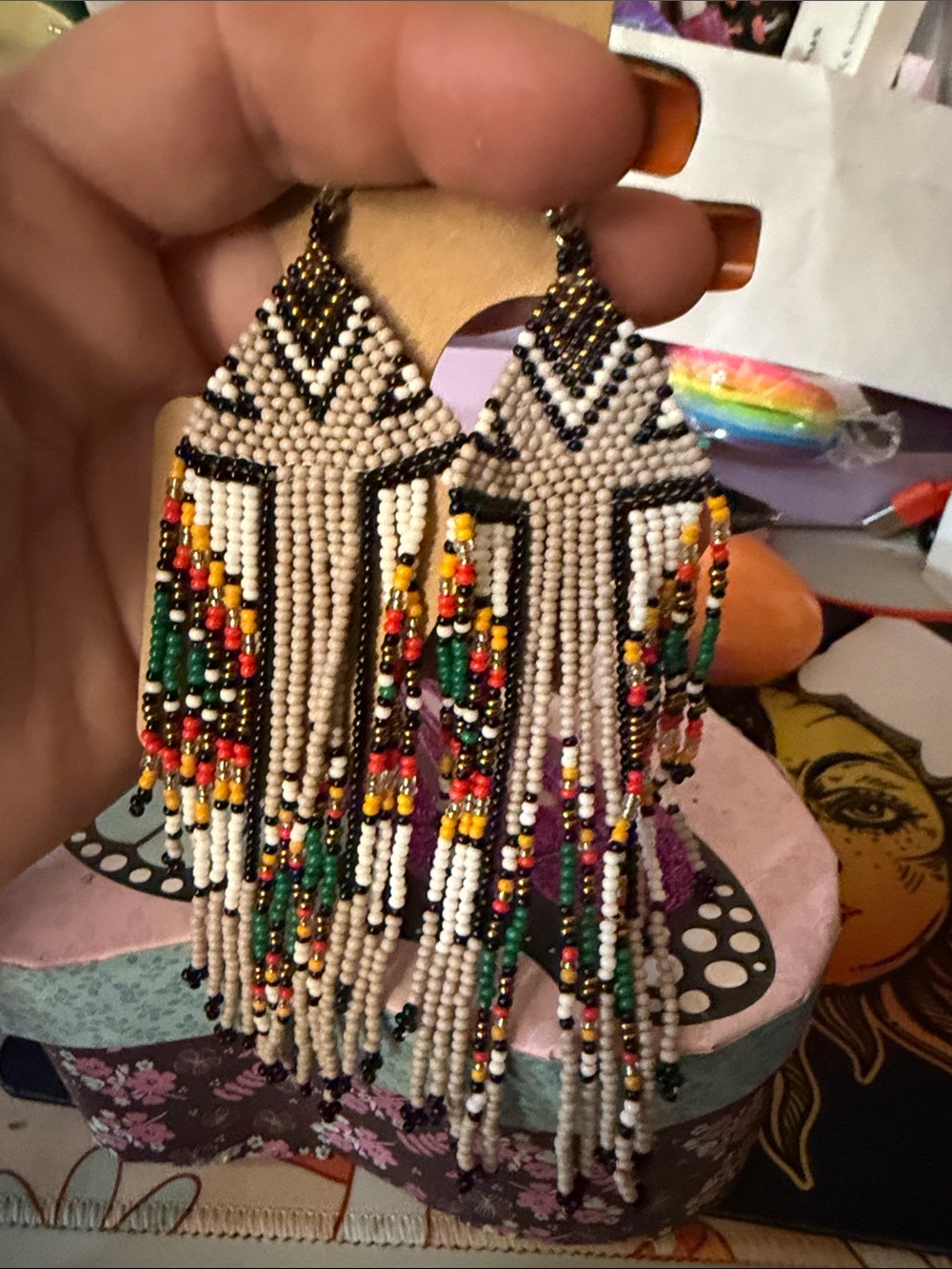 Handcrafted Beaded Fringe Earrings in Cream, Green & Multicolor